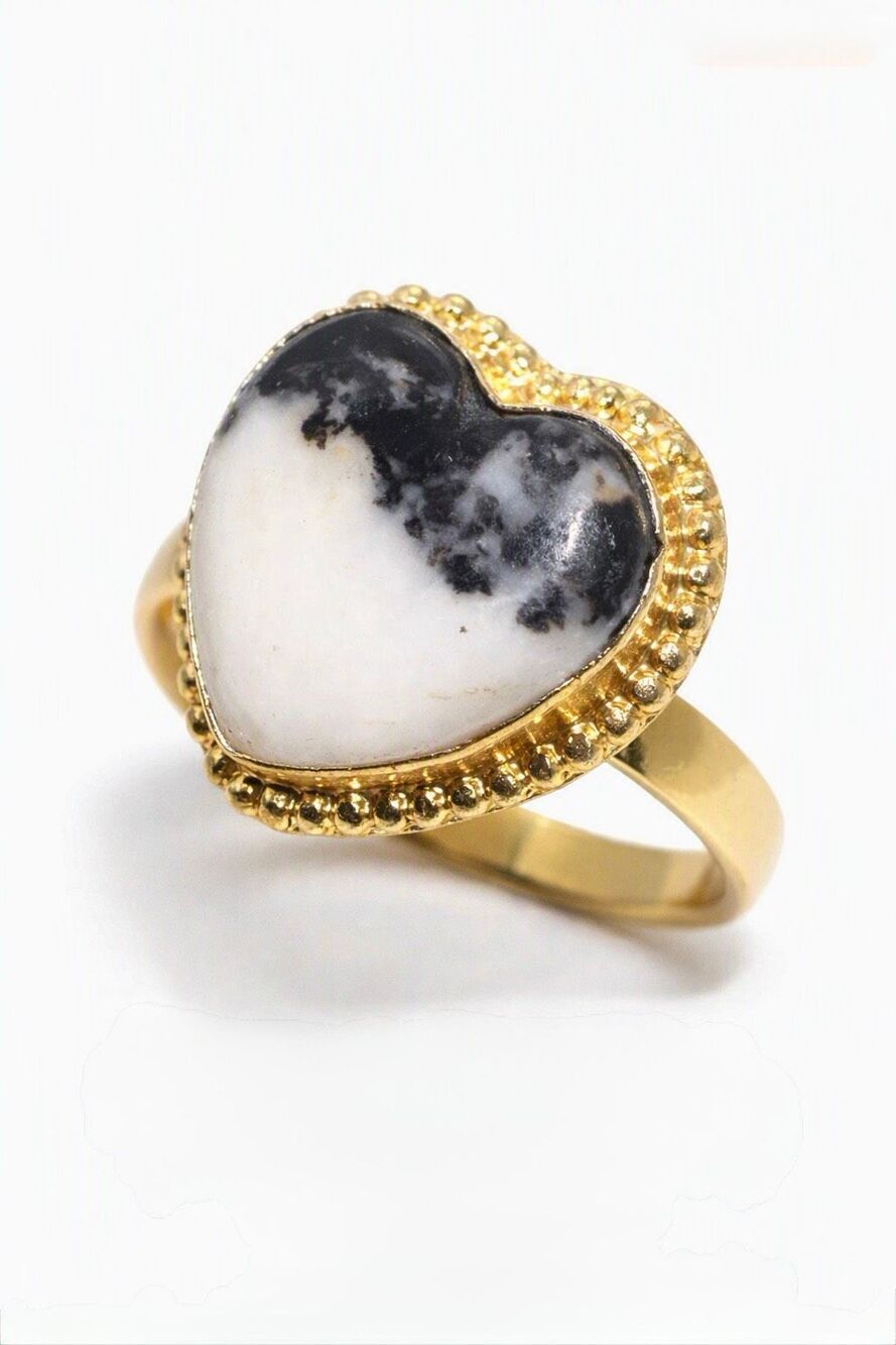 Southwestern White Buffalo Heart Ring Gold Beaded Setting Boho Western Jewelry